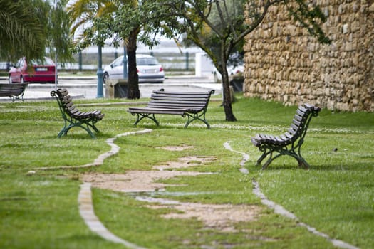 View of three benches on the green grass of a city garden.