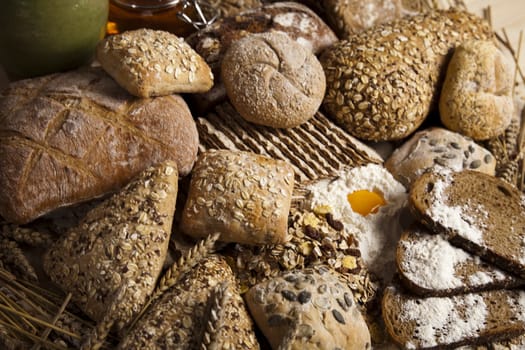 Still-life assortment of baked bread.