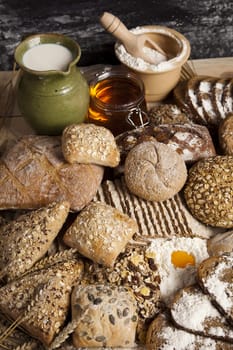 Still-life assortment of baked bread.