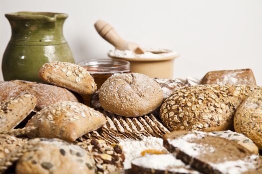 Still-life assortment of baked bread.