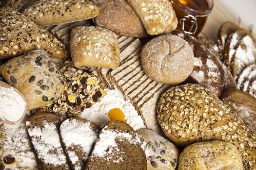 Still-life assortment of baked bread.