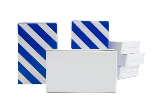 Blue striped and white carton boxes isolated on white background