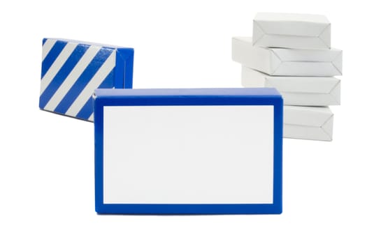 Blue striped and white carton boxes isolated on white background