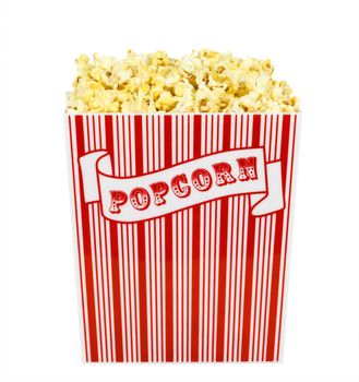 A container of popped popcorn isolated on a white background