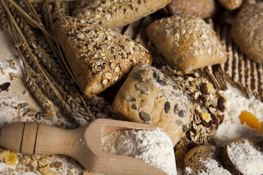 Still-life assortment of baked bread.