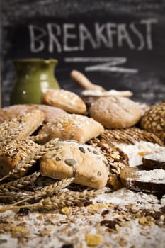 Still-life assortment of baked bread.