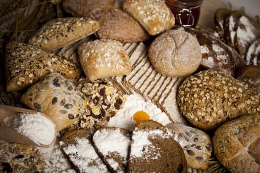 Still-life assortment of baked bread.