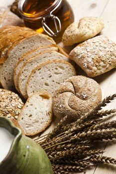 Still-life assortment of baked bread.