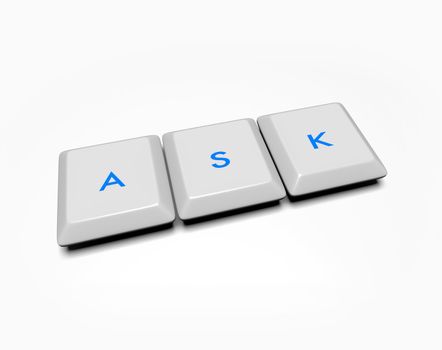 Computer keyboard keys spell out the word ask.