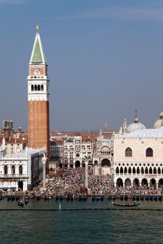 Piazza San Marcos in Venice, Italy with its famous bell tower and Basilica