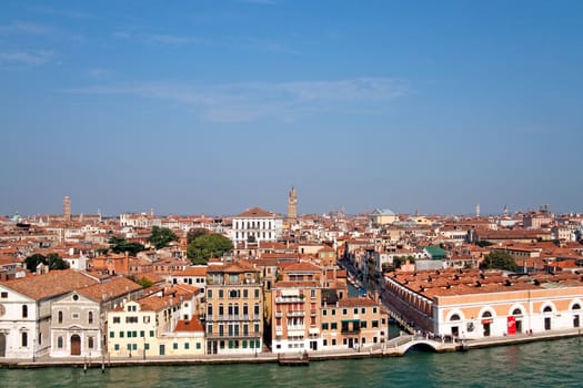 A cityscape view of Venice, Italy from high above the water.