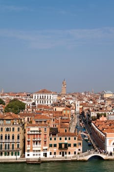 A cityscape view of Venice, Italy from high above the water.