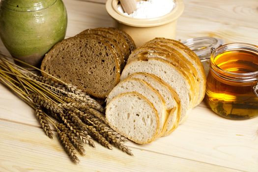 Still-life assortment of baked bread.