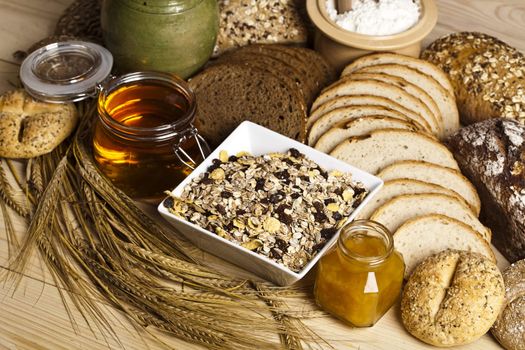 Still-life assortment of baked bread.