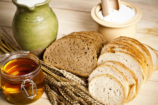 Still-life assortment of baked bread.