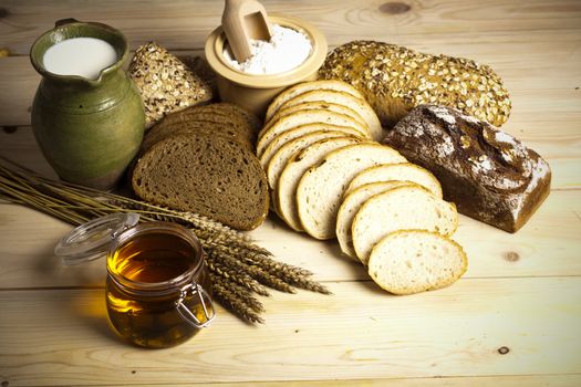 Still-life assortment of baked bread.