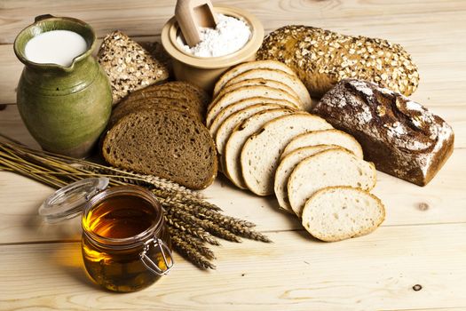 Still-life assortment of baked bread.