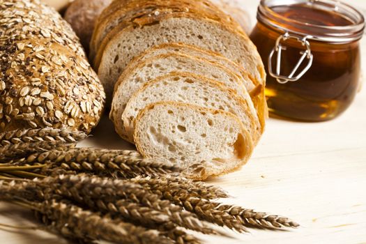 Still-life assortment of baked bread.
