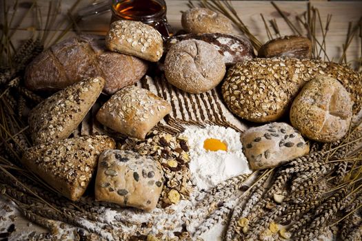 Still-life assortment of baked bread.