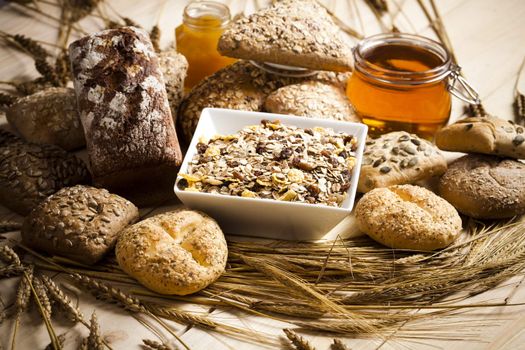 Still-life assortment of baked bread.
