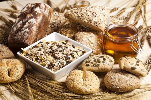 Still-life assortment of baked bread.