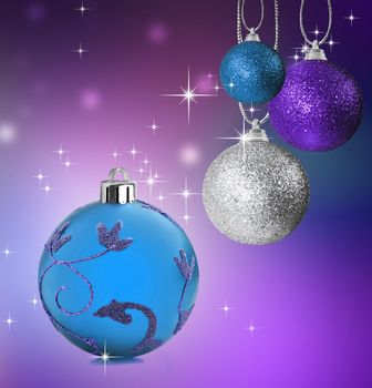 Colorful blue silver and purple christmas baubles balls with colorful background