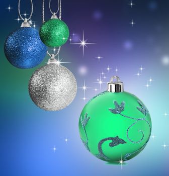 Colorful green and blue christmas baubles balls with colorful background