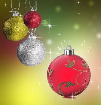 Colorful red green and silver christmas baubles balls with colorful background