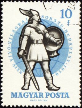 HUNGARY - CIRCA 1959: A post stamp printed in Hungary shows Warrior of 10th Century, series, circa 1959