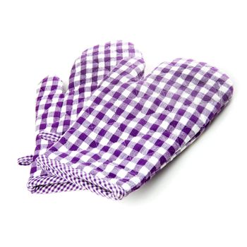 two oven gloves in purple and white