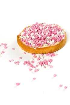 a rusk with white and pink mice, a dutch tradition