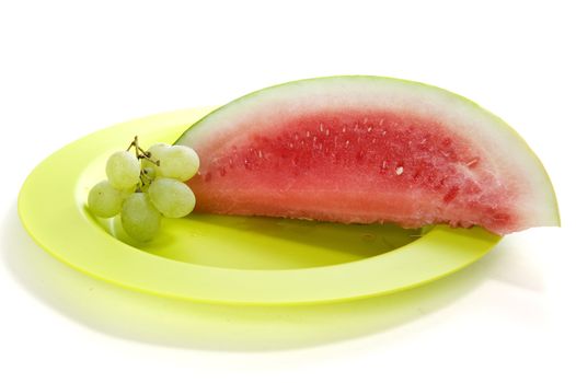 a slice of a  fresh and healthy watermelon on a green plate