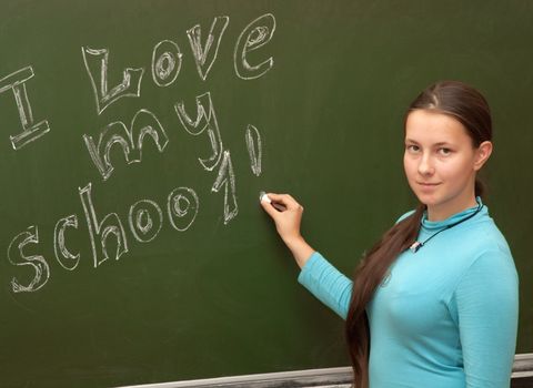 Girl schoolgirl meets an English lesson on the background of the school boards 