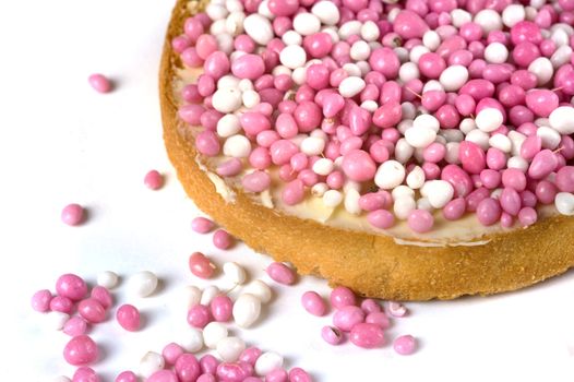 a rusk with white and pink mice, a dutch tradition