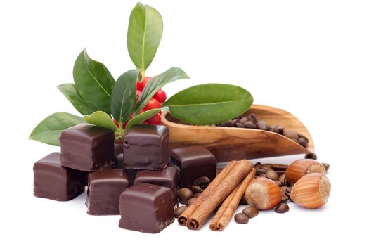 chocolate, coffee beans, cinnamon and nuts