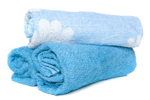 three blue towels on a white background