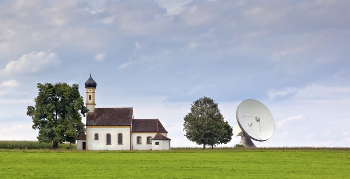 An image of a nice church with satellite dish in bavaria germany