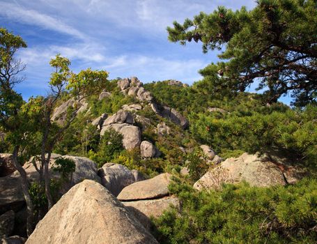 Rocks over valley in the Shenandoah on a climb of Old Rag