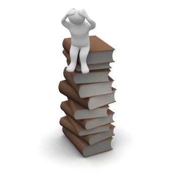 Frustrated man sitting on high stack of brown hardcover books. 3d rendered illustration.