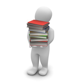 Man carrying high stack of hardcover books. 3d rendered illustration.
