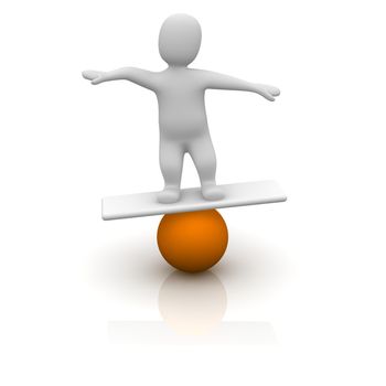 Man balancing on orange ball. 3d rendered illustration.