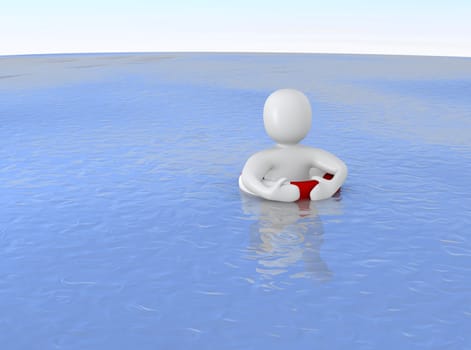 Man with life ring in ocean. 3d rendered illustration.