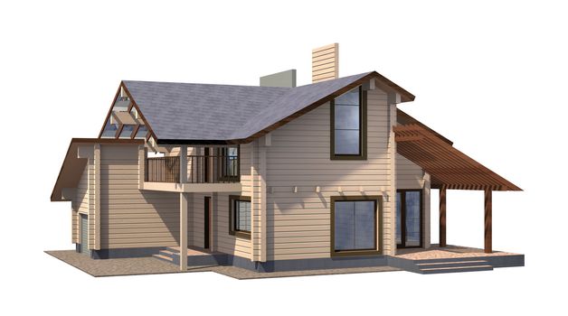 Residential house of paint wooden timber. 3d model render. Isolation on white background. Real estate