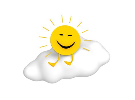 Smiling shining sun sitting on cloud. 3d rendered isolated illustration.