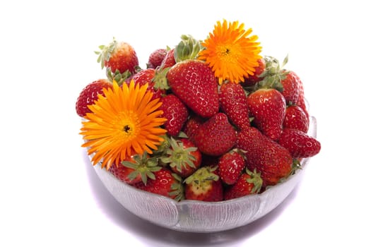 View of a bowl filled with strawberries isolated on a white background.
