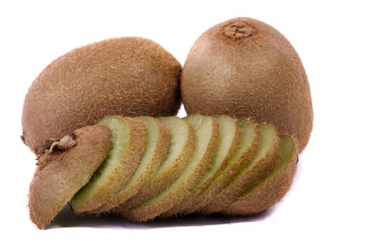close view of a bunch of kiwi fruit isolated on a white background.