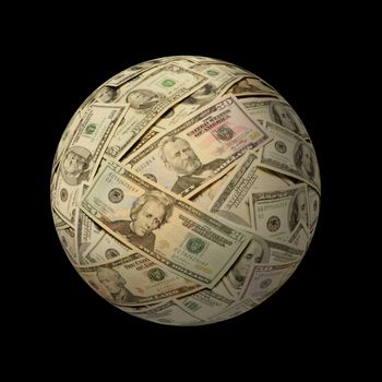 Sphere of American banknotes against a black background