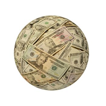 Sphere of American banknotes against a white background