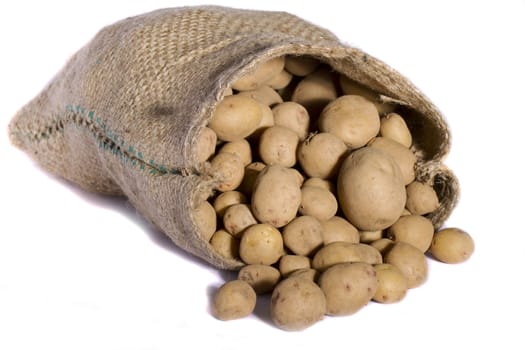 View of a sack of potatoes isolated on a white background.