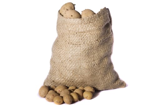 View of a sack of potatoes isolated on a white background.